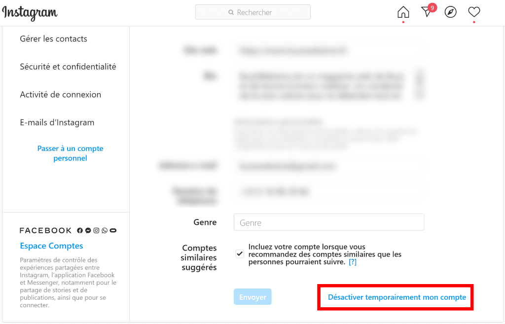 désactiver temporairement son compte instagram