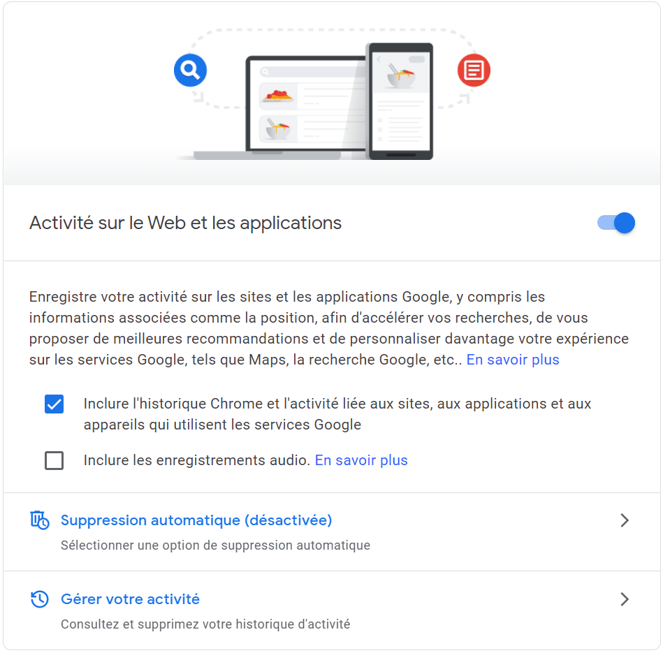 Google my activity : Activité sur le Web et les applications