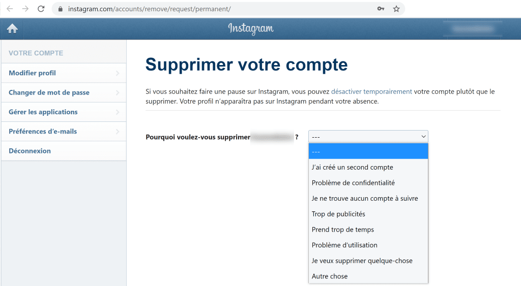 supprimer définitivement son compte instagram