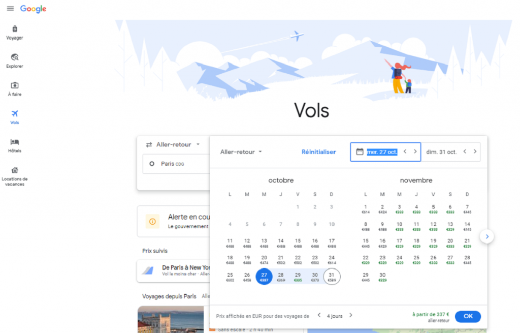 Google flights Définir les dates de voyage