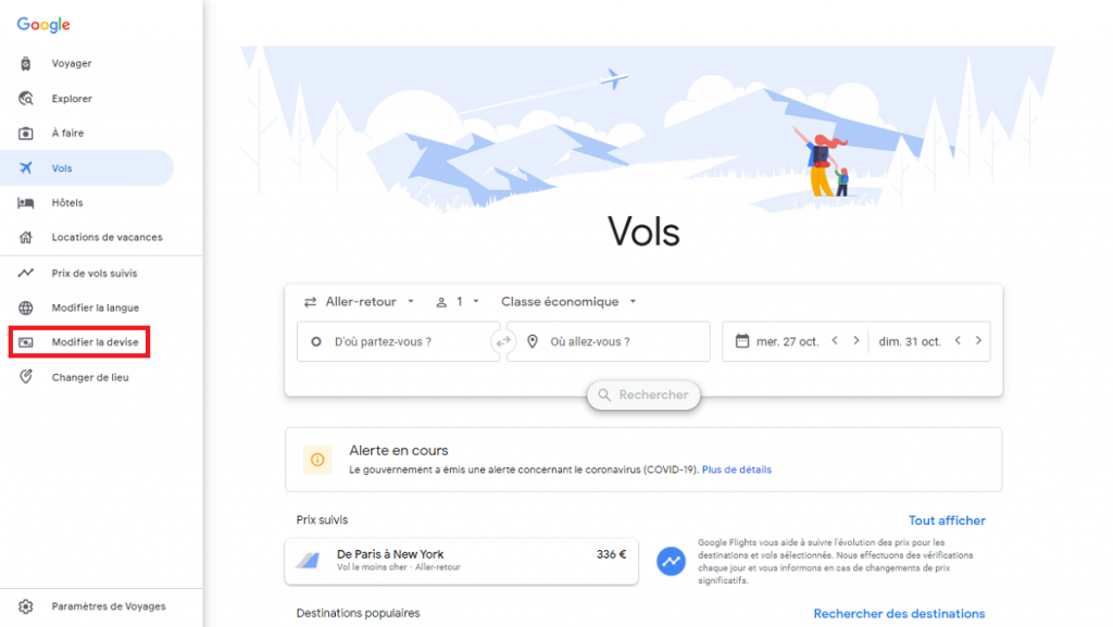 Google flights Modifier la devise 2