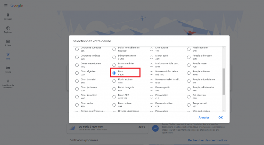 Google flights Modifier la devise 3