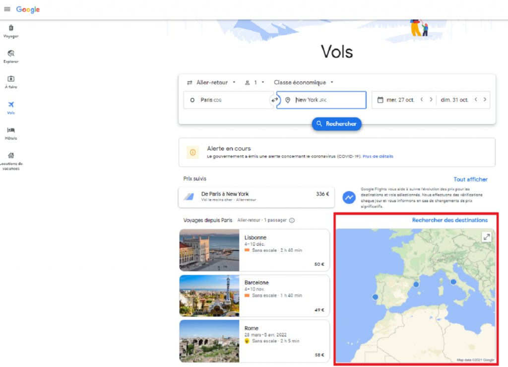 La fonctionnalité bonus de Google Flights : la carte