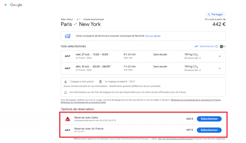 réserver un vol avec Google Flights