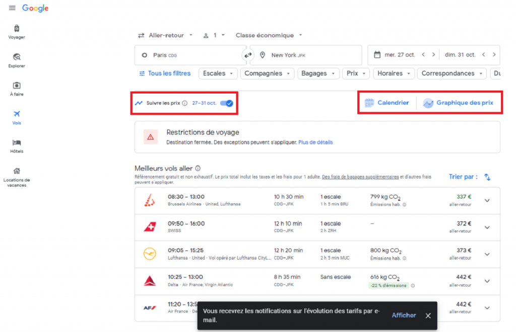 Google Flights filtres vols 2
