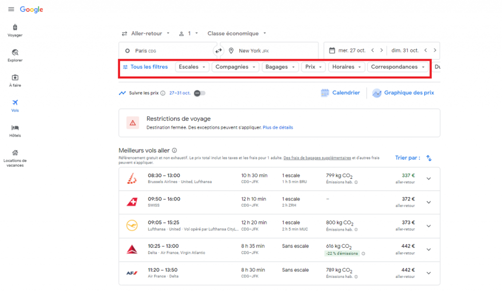 Google Flights filtres vols