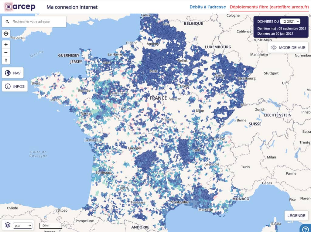 carte de France du déploiement de la fibre