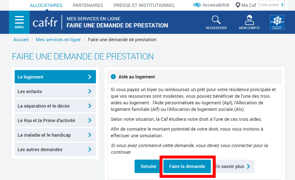 faire une demande d'APL sur le site de la CAF