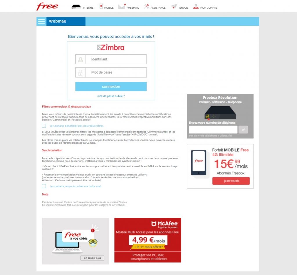 se connecter sur Free Zimbra