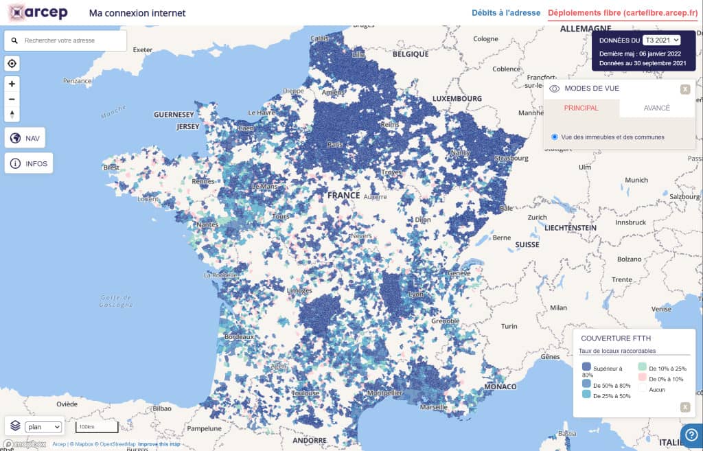Carte de France d'installation de la fibre arcep