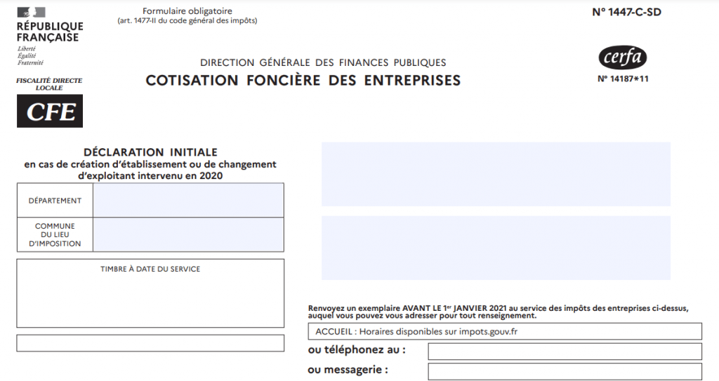 Formulaire CFE Cerfa N°1447-C-SD : déclaration initiale de cotisation foncière des entreprises