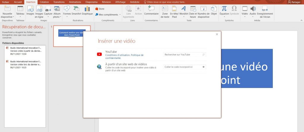 Insérer une vidéo en ligne à partir de YouTube