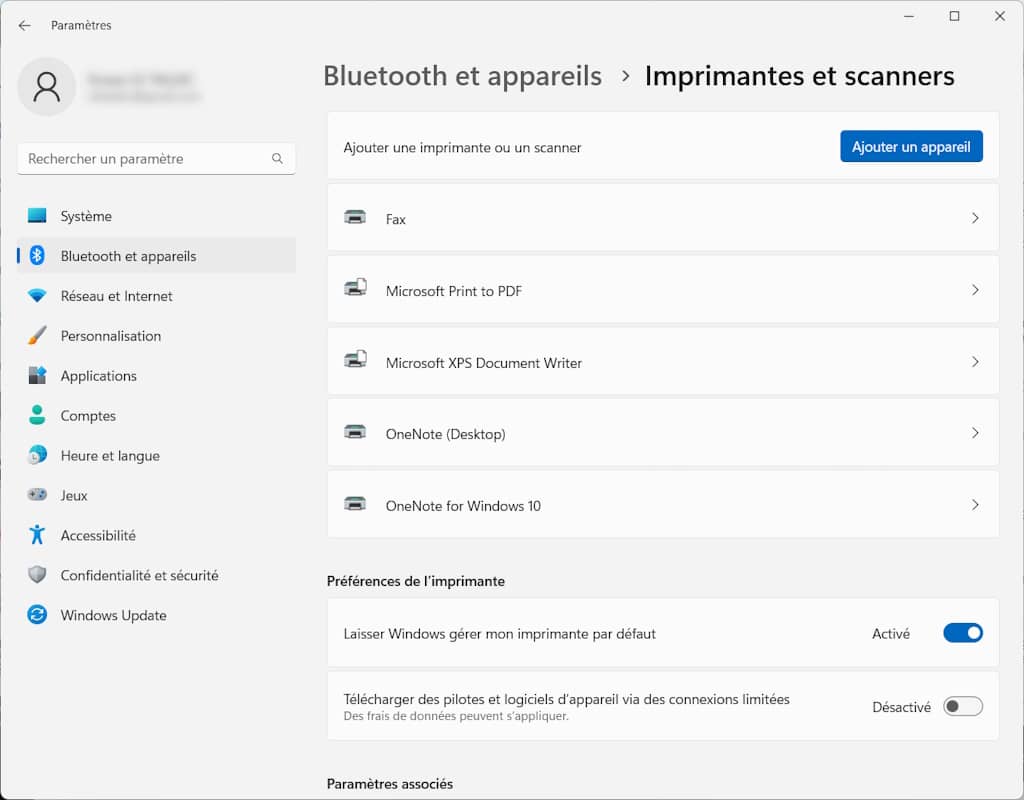 paramètres imprimentes et scanners windows